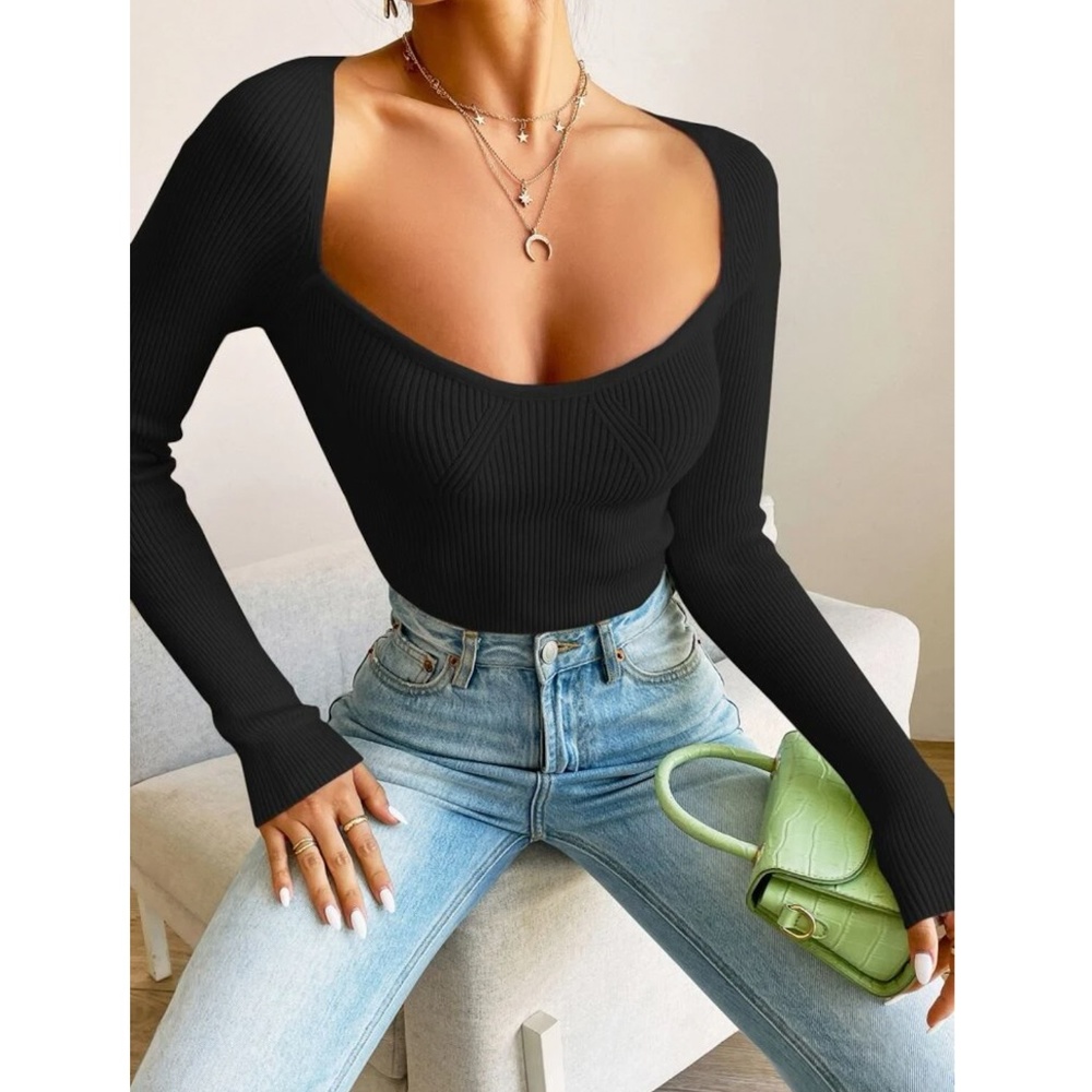 Black Rib Knit Long Sleeve Top - Picture 8 of 10